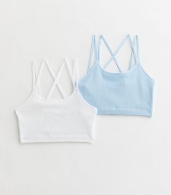 Girls 2 Pack Pale Blue and White Ribbed Seamless Crop Tops New Look