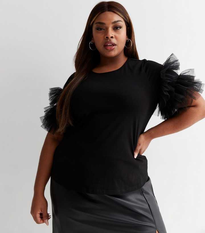 Curves Black Organza Ruffle Short Sleeve T-Shirt | New Look