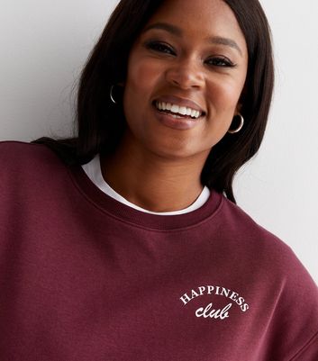 Curves Burgundy Crew Neck Happiness Club Oversized Sweatshirt New Look