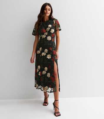 Gini London Black Floral Embroidered Flutter Sleeve Midi Dress