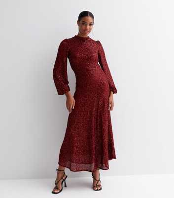Gini London Burgundy Sequin Long Sleeve Midi Dress