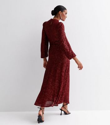 Gini London Burgundy Sequin Long Sleeve Midaxi Dress New Look