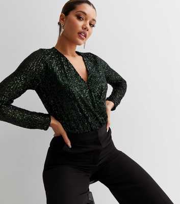 Gini London Green Sequin Long Sleeve Wrap Bodysuit