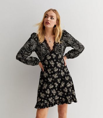 Black Mixed Floral Crinkle Long Sleeve 