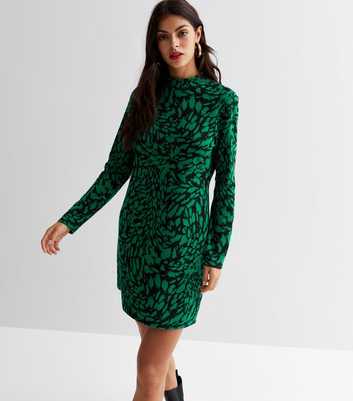 Green Animal Print Jacquard High Neck Mini Tunic Dress