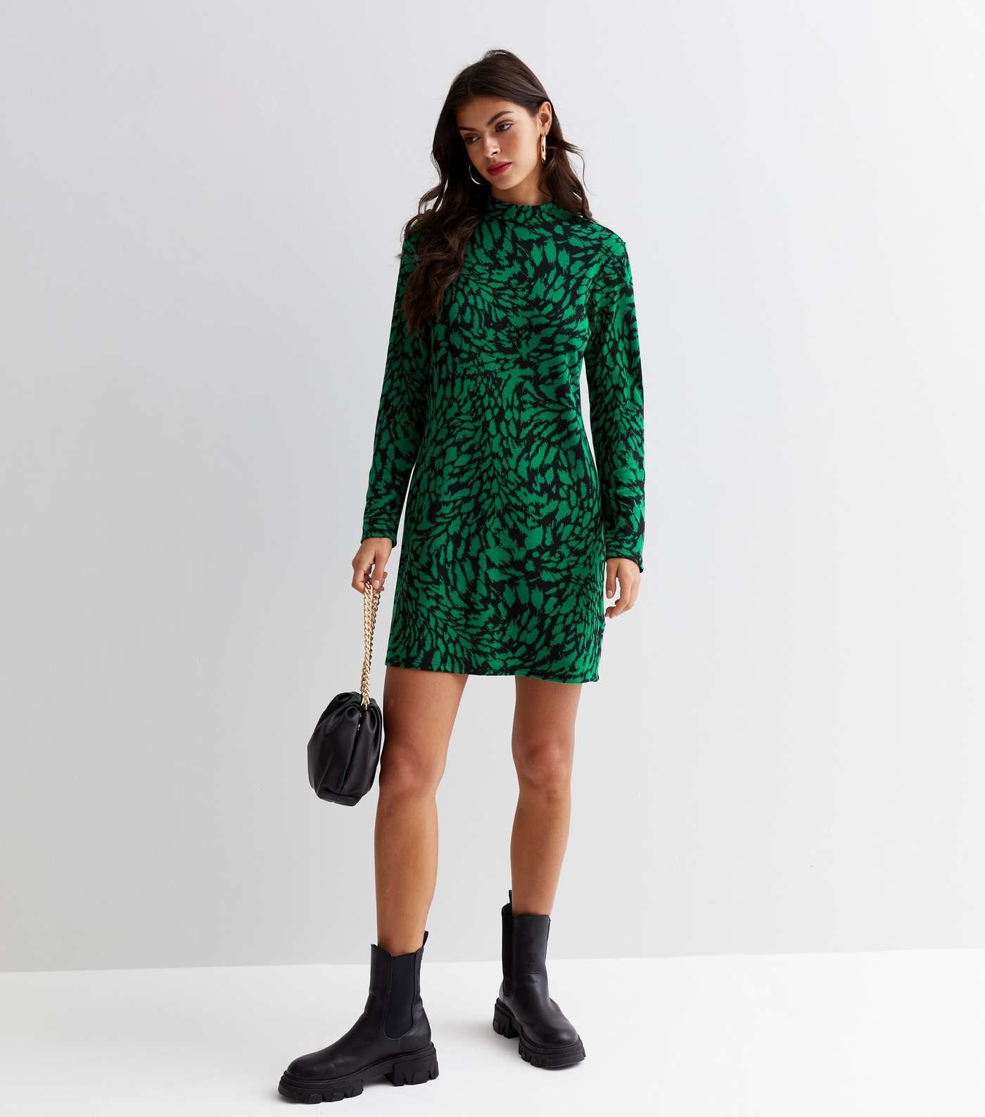 Green Animal Print Jacquard High Neck Mini Tunic Dress Image 3