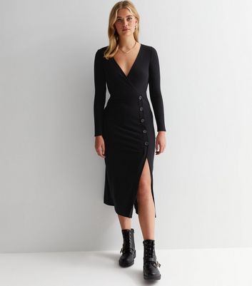 Long Sleeve Button Side Midi Wrap Dress 