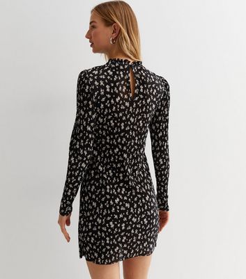 Black Ditsy Floral Plissé High Neck Long Sleeve Mini Dress | New Look