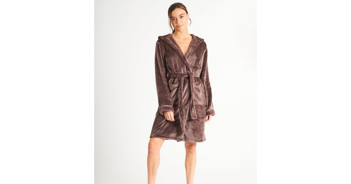 Loungeable Dark Brown Fleece Hooded Dressing Gown New Look