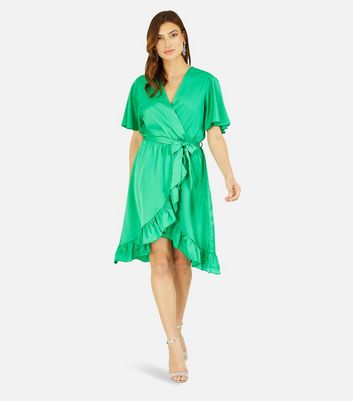 Mela Green Satin Frill Mini Wrap Dress New Look