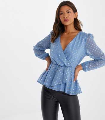 QUIZ Pale Blue Metallic Spot Peplum Blouse
