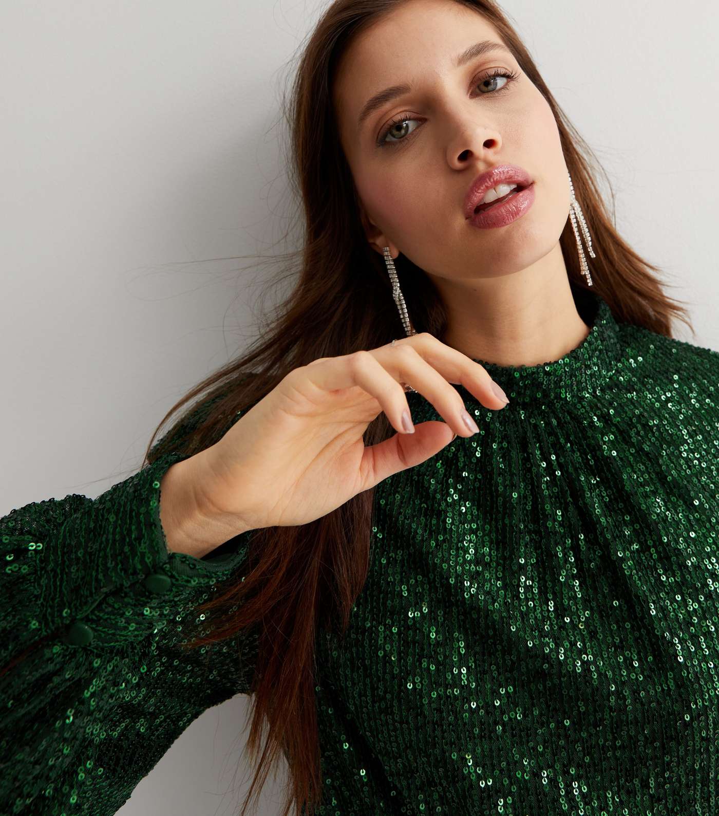 Gini London Green Sequin High Neck Long Sleeve Blouse Image 2