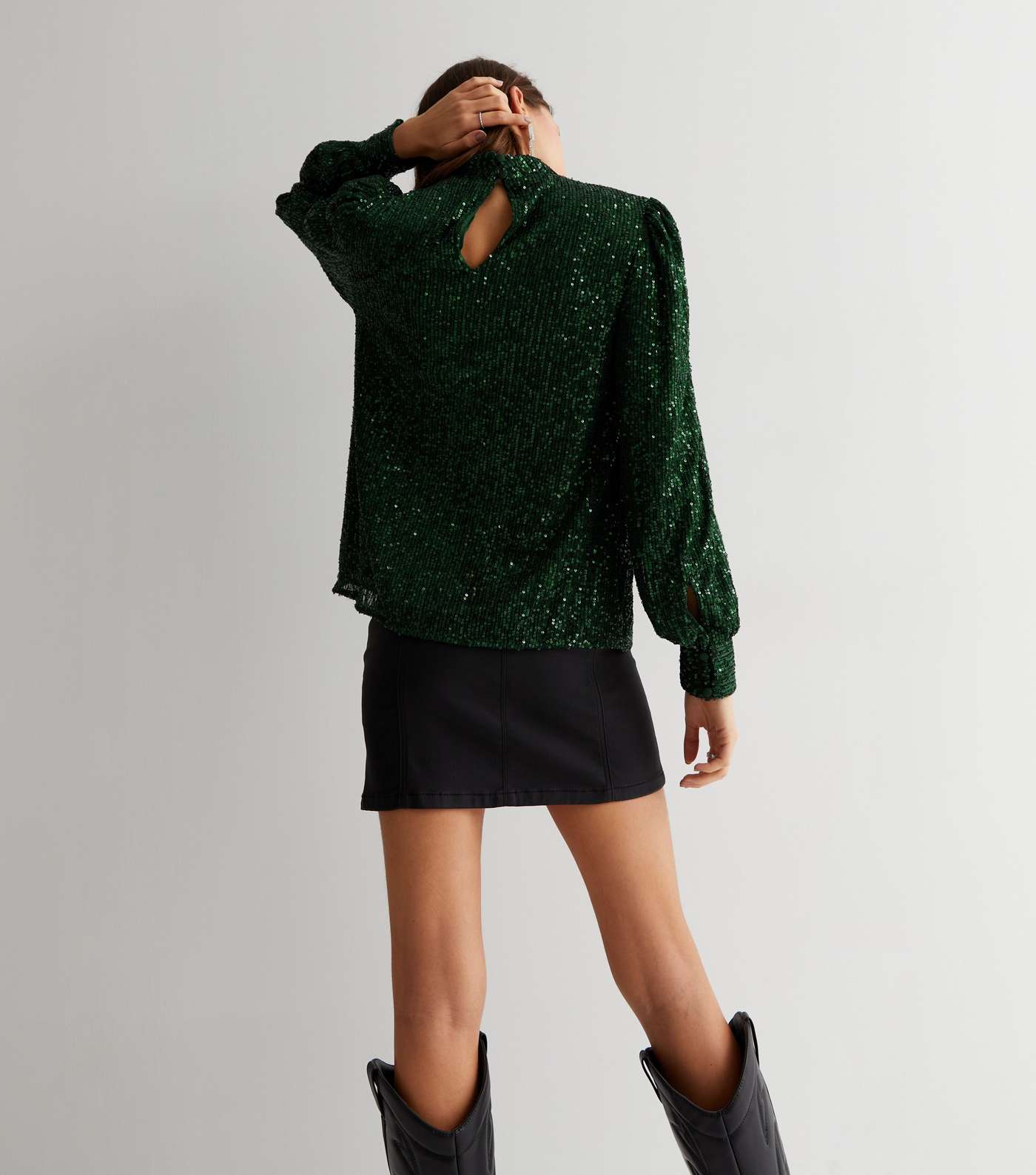 Gini London Green Sequin High Neck Long Sleeve Blouse Image 4
