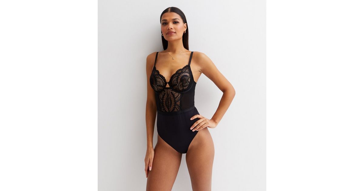 Black Lace Underwired Strappy Bodysuit