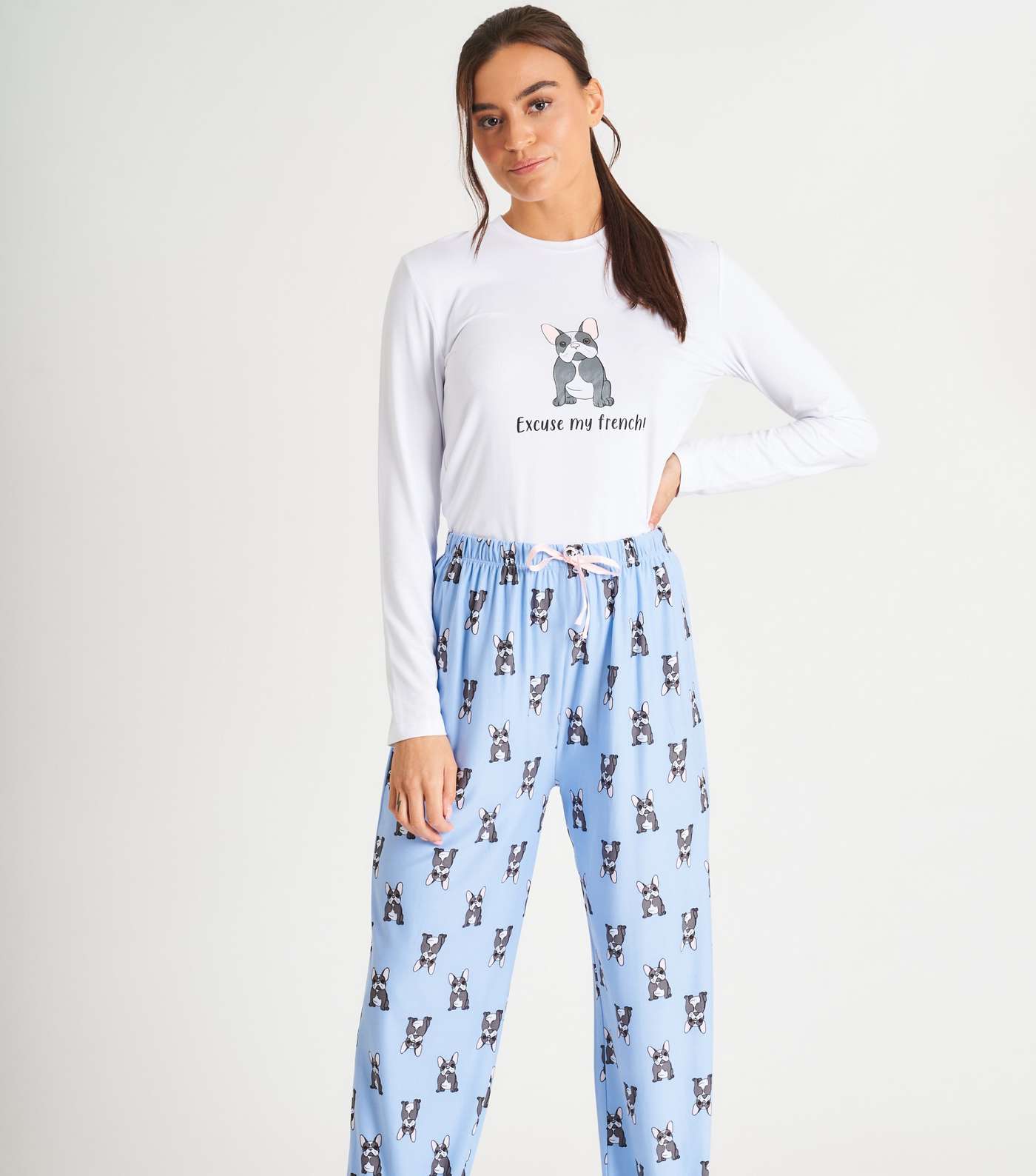 Loungeable Pale Blue Trouser Pyjama Set with French Bulldog Print Image 3