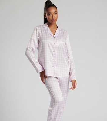 Loungeable Lilac Satin Pyjama Set with Gingham Print