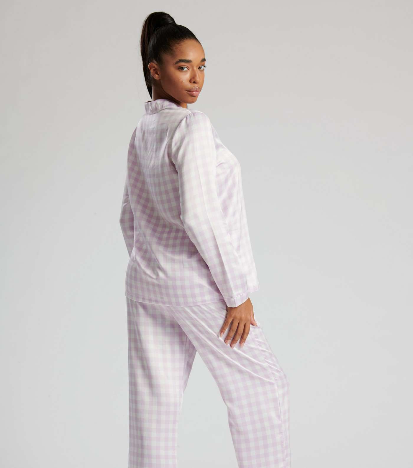 Loungeable Lilac Satin Pyjama Set with Gingham Print Image 2