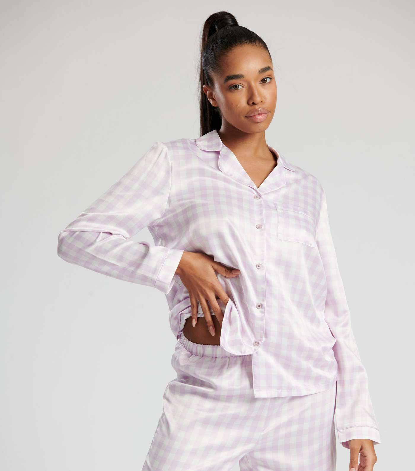 Loungeable Lilac Satin Pyjama Set with Gingham Print Image 4