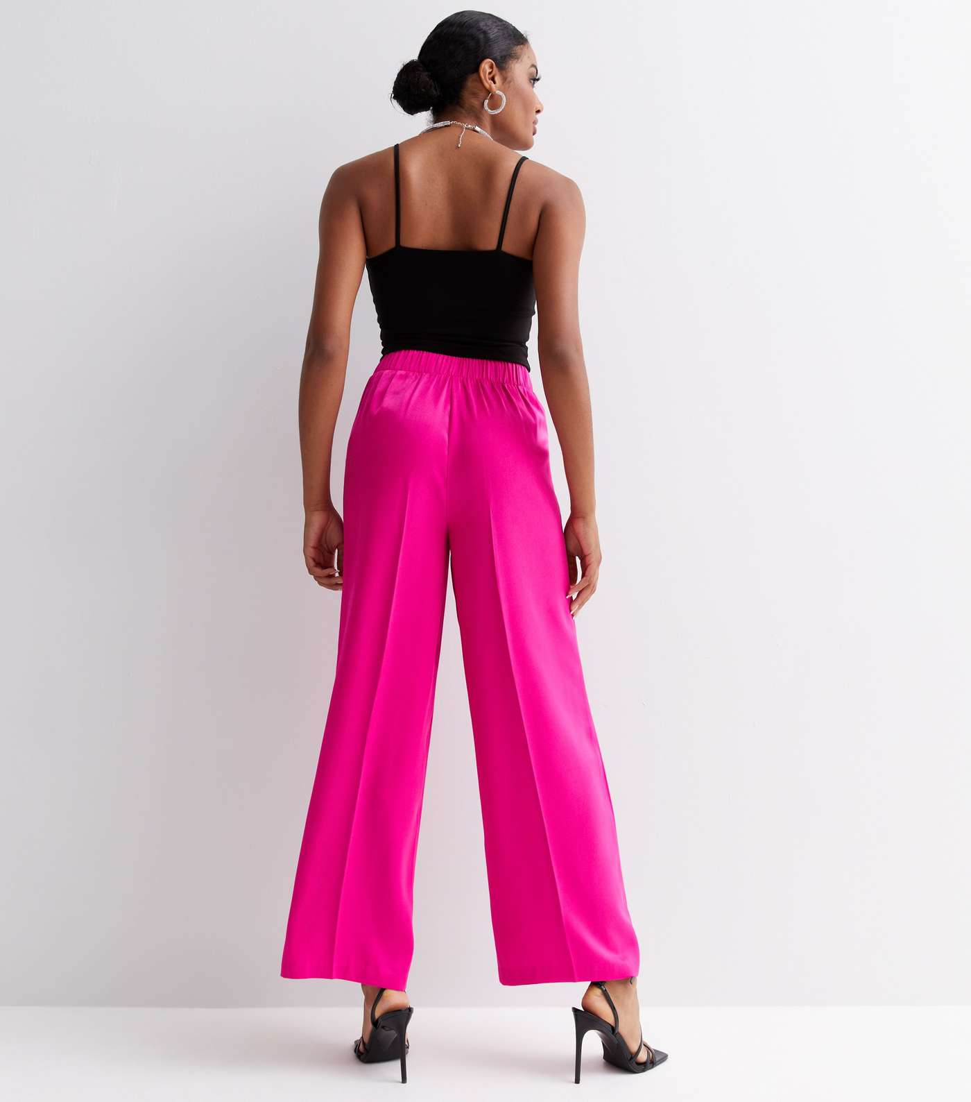 Bright Pink Satin High Waist Wide Leg Trousers Image 4