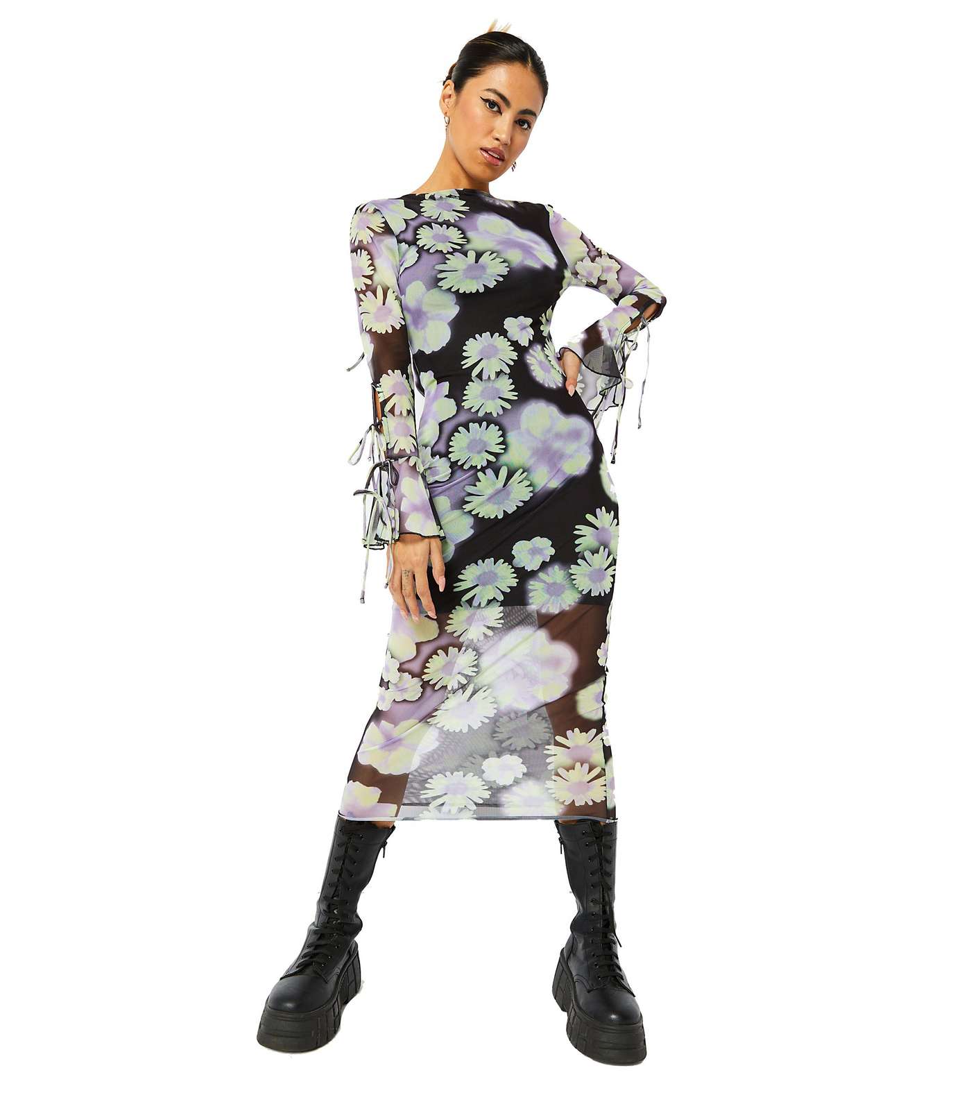 Skinnydip Lilac Floral Mesh Long Tie Sleeve Midi Dress Image 3