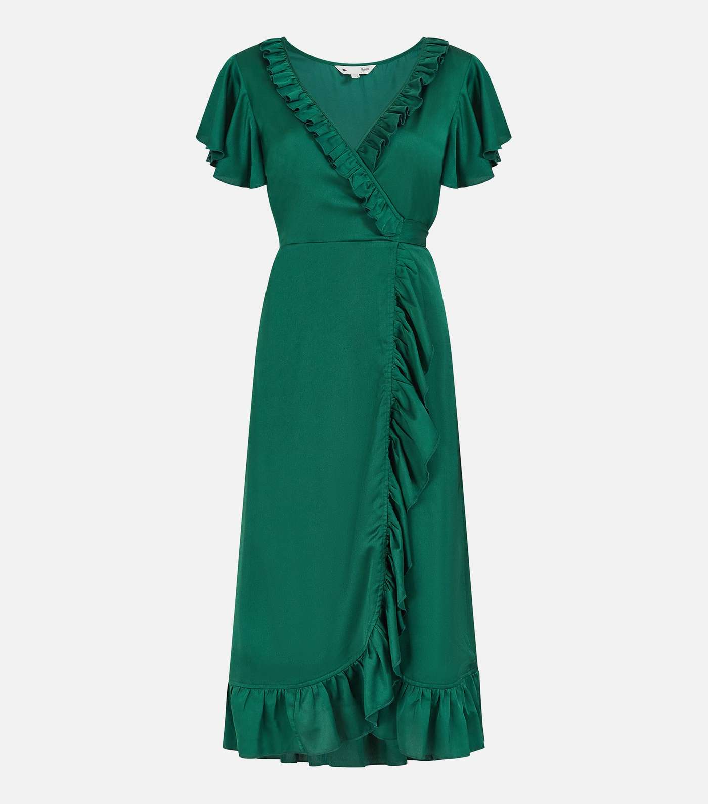 Yumi Dark Green Satin Short Flutter Sleeve Ruffle Midi Wrap Dress Image 4