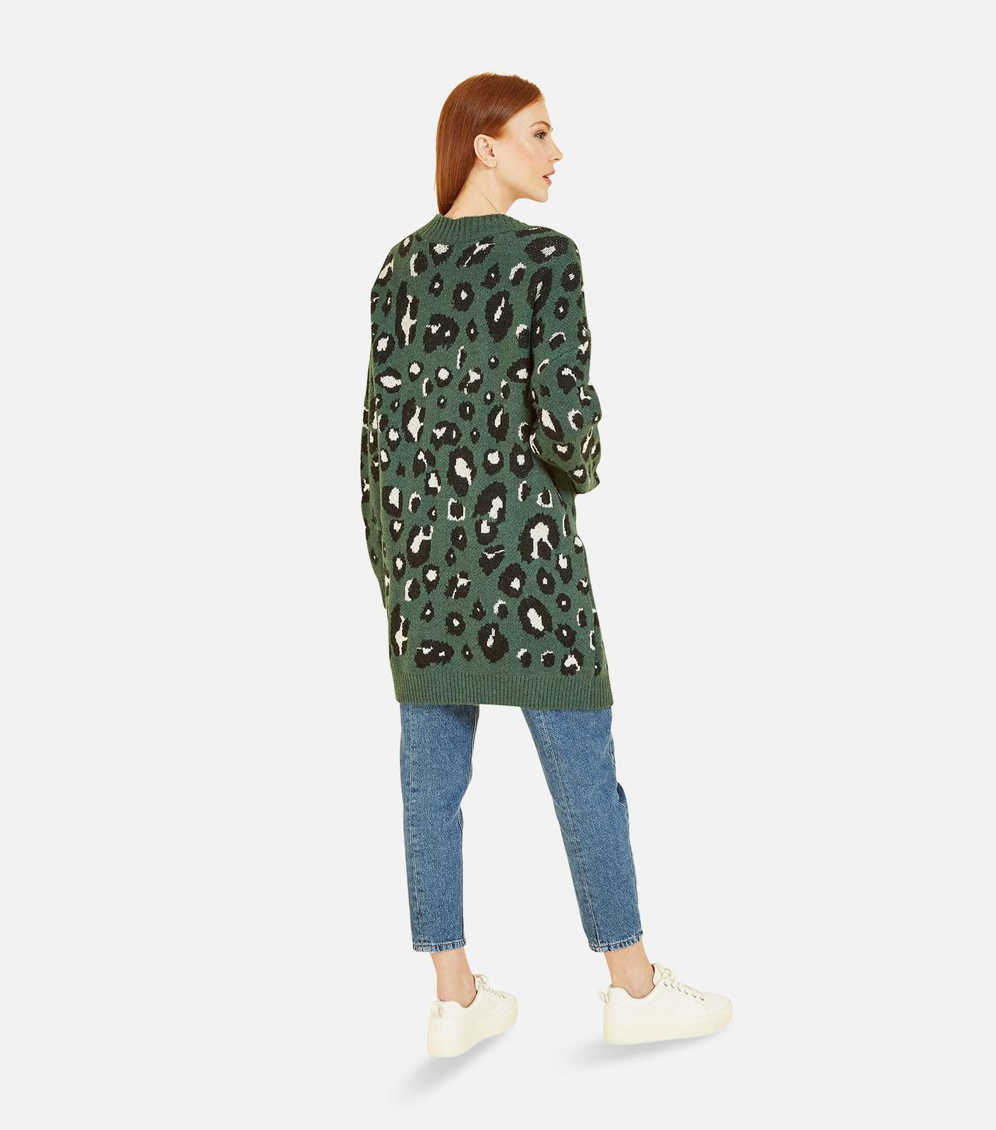Yumi Green Leopard Print Knit Long Sleeve Pocket Front Cardigan Image 4