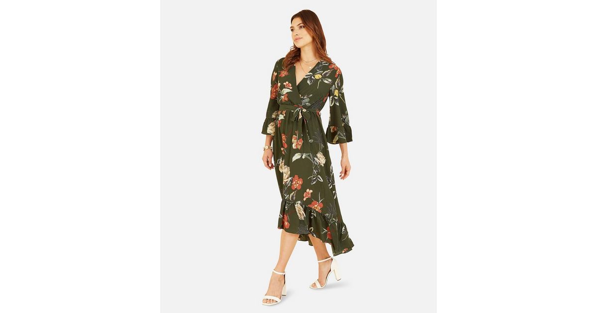 Yumi Black Floral Ruffle Dip Hem Midi Wrap Dress | New Look