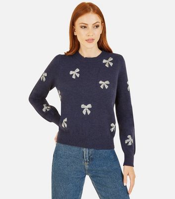 Yumi Navy Knit Sequin Embellished Bow Jumper