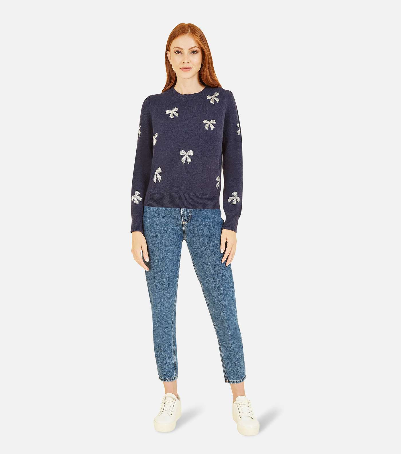 Yumi Navy Knit Sequin Embellished Bow Jumper Image 3