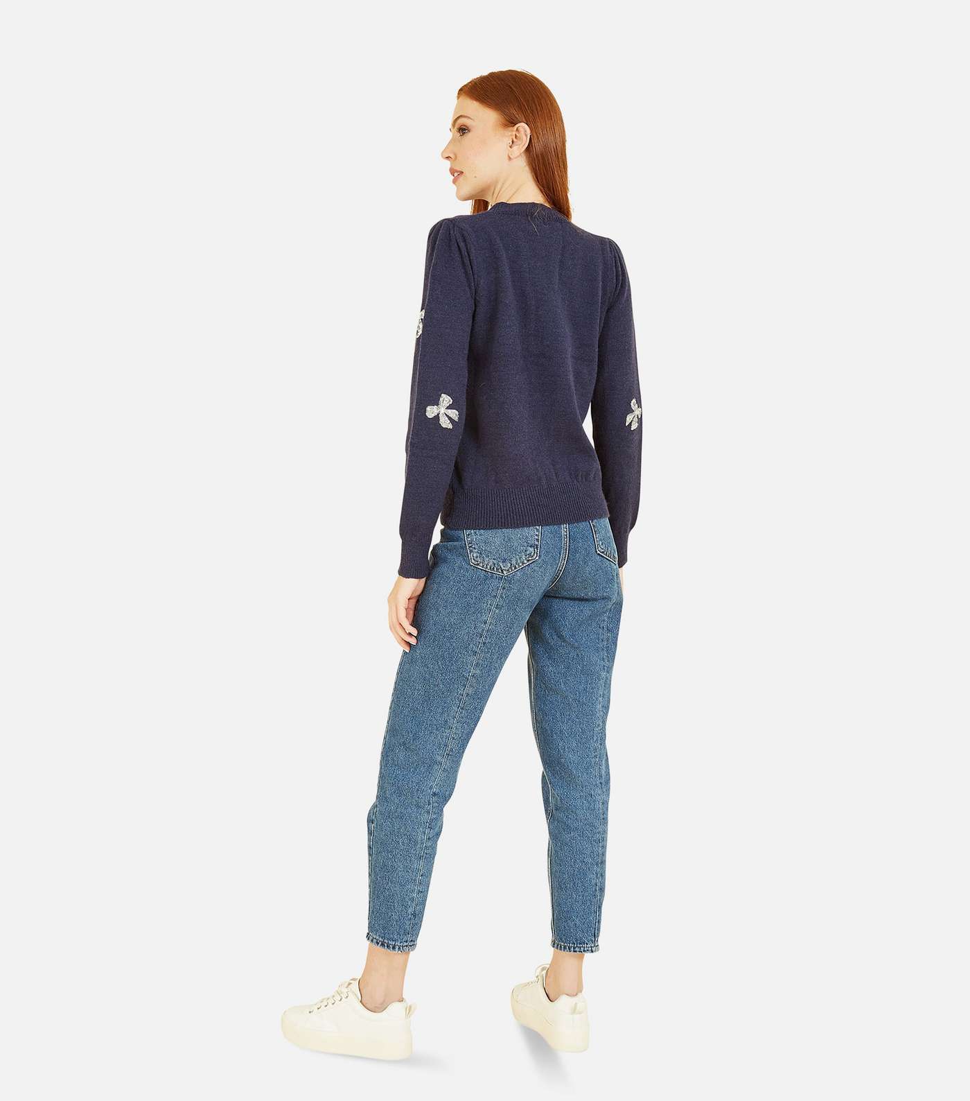 Yumi Navy Knit Sequin Embellished Bow Jumper Image 5