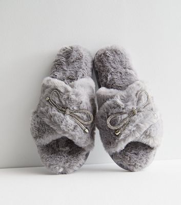 Loungeable Pale Grey Diamant Bow Faux Fur Fluffy Slippers New Look