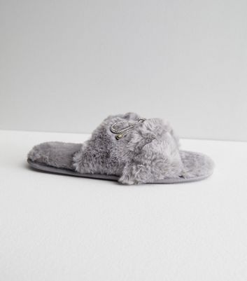 grey bow faux fur slippers