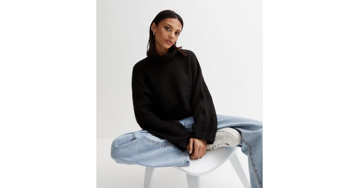 Black Ribbed Knit Chunky Roll Neck Jumper