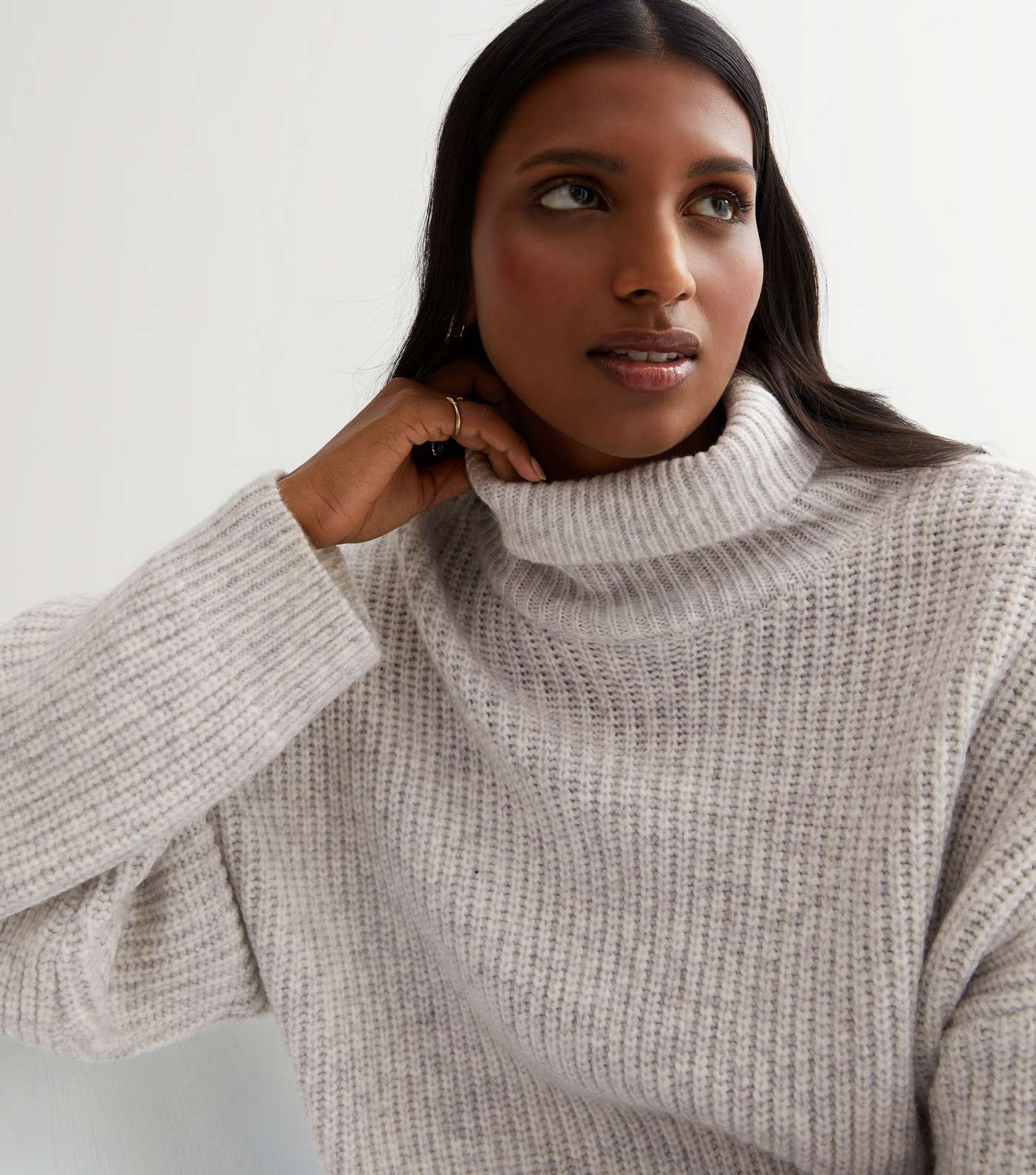 Pale Grey Ribbed Knit Chunky Roll Neck Jumper Image 2