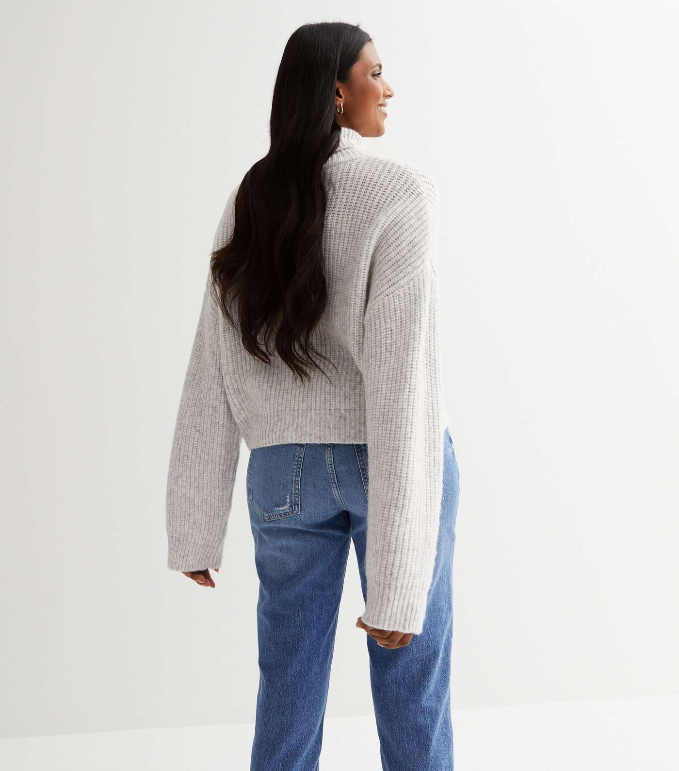 Pale Grey Ribbed Knit Chunky Roll Neck Jumper Image 4