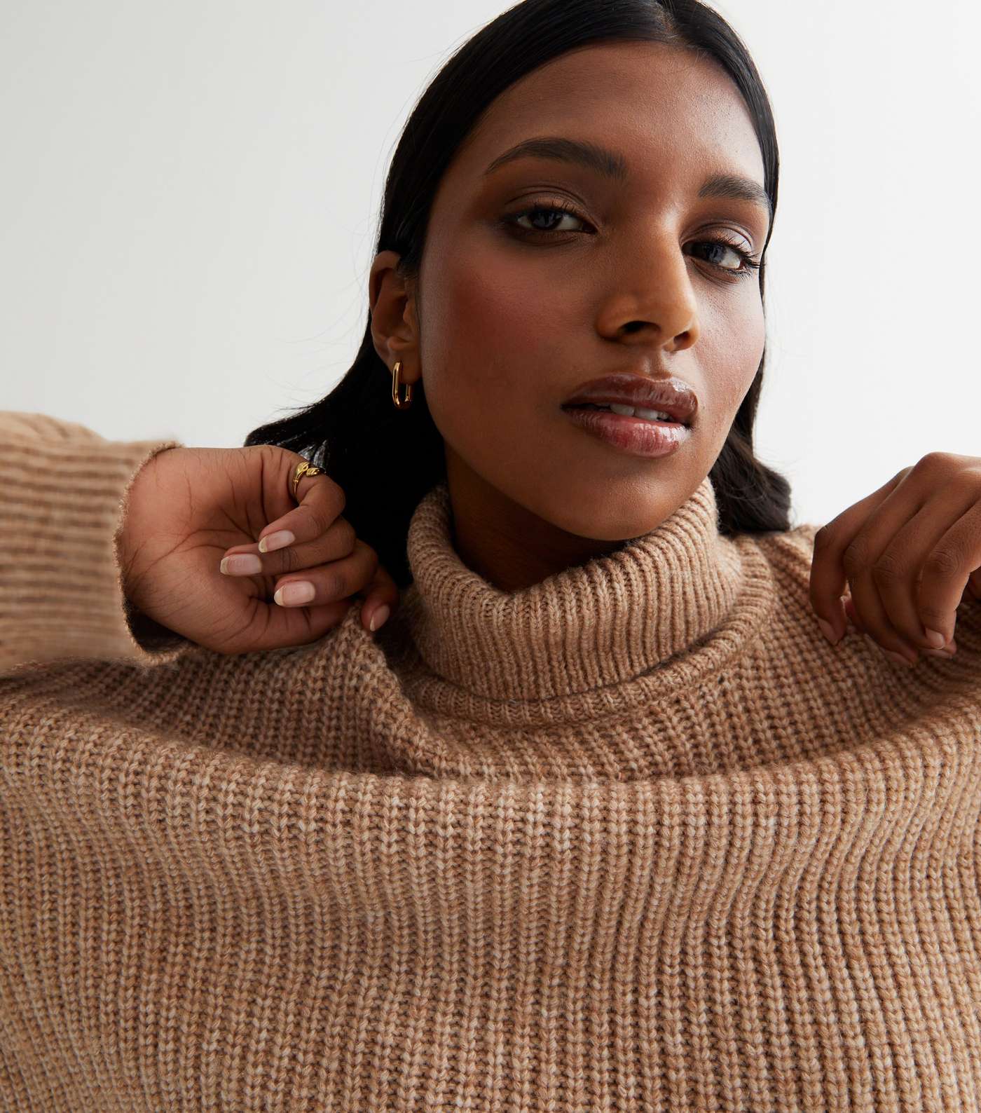 Camel Ribbed Knit Chunky Roll Neck Jumper Image 2