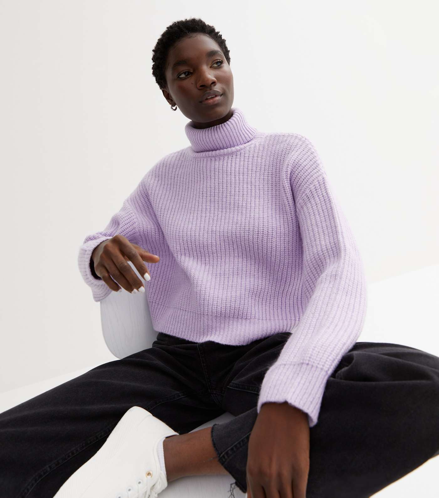 Lilac Ribbed Knit Chunky Roll Neck Jumper Image 2