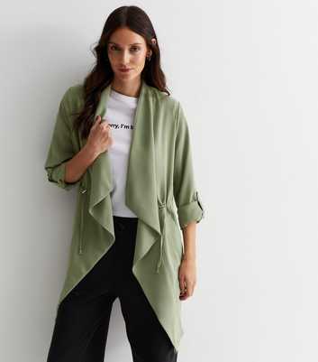 Olive 3/4 Sleeve Waterfall Duster Coat