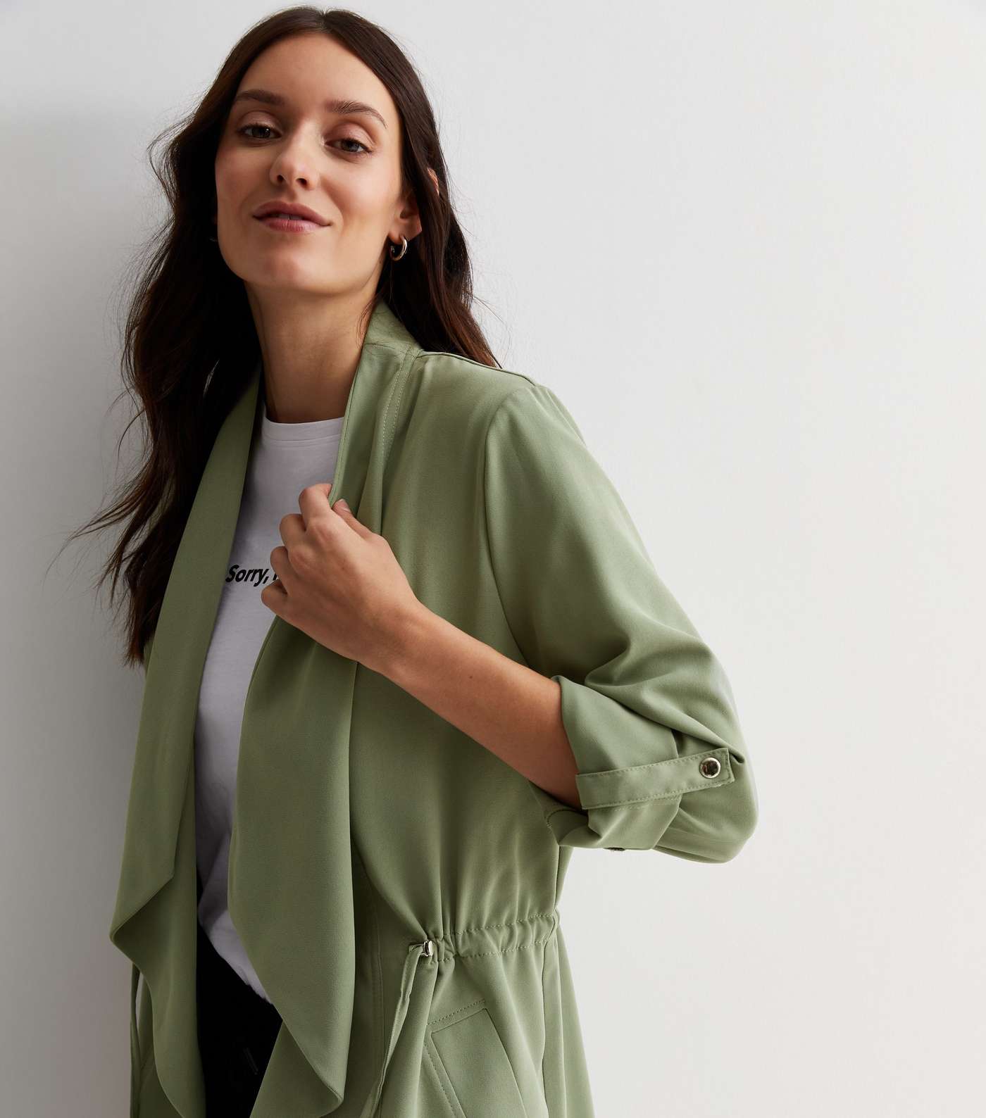 Olive 3/4 Sleeve Waterfall Duster Coat Image 2