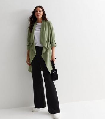 Olive 3/4 Sleeve Waterfall Duster Coat New Look