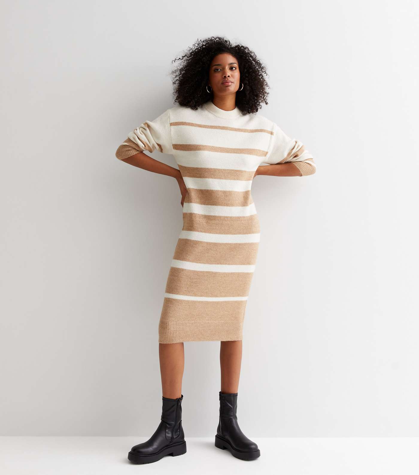 Brown Stripe Knit Crew Neck Midi Dress