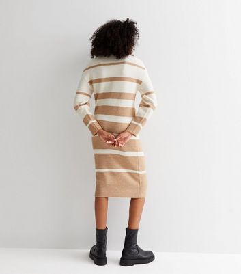Brown Stripe Knit Crew Neck Midi Dress New Look