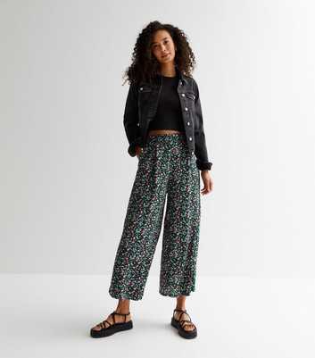 Tall Black Ditsy Floral Wide Leg Crop Trousers