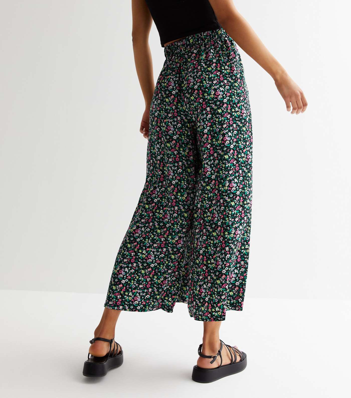 Tall Black Ditsy Floral Wide Leg Crop Trousers Image 4
