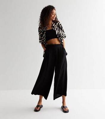 Tall Black Contrast Waistband Wide Leg Trousers | New Look