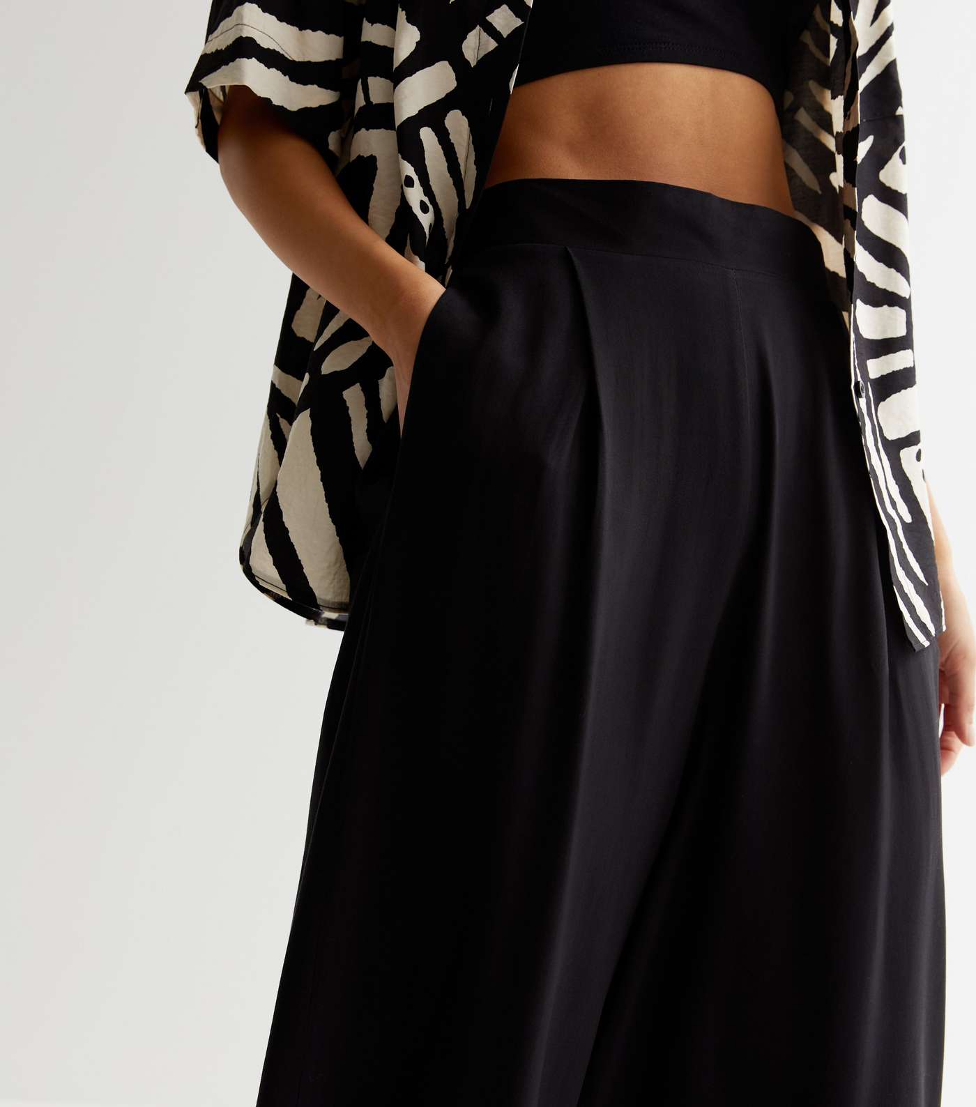 Tall Black Wide Leg Crop Trousers Image 2
