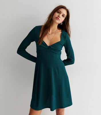 Dark Green Ribbed Sweetheart Neck Long Sleeve Twist Front Mini Dress
