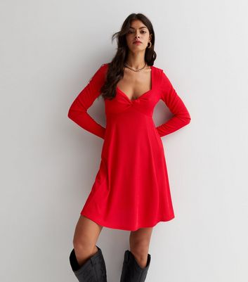 Red Ribbed Sweetheart Neck Long Sleeve Twist Front Mini Dress