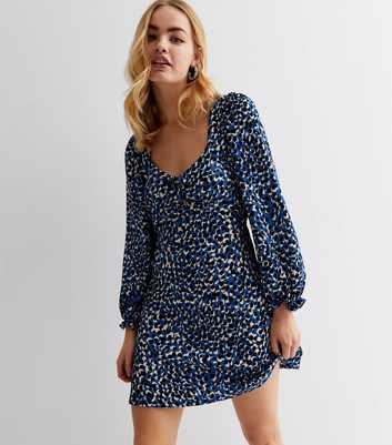 Blue Abstract Print Crinkle Lace Up Mini Dress
