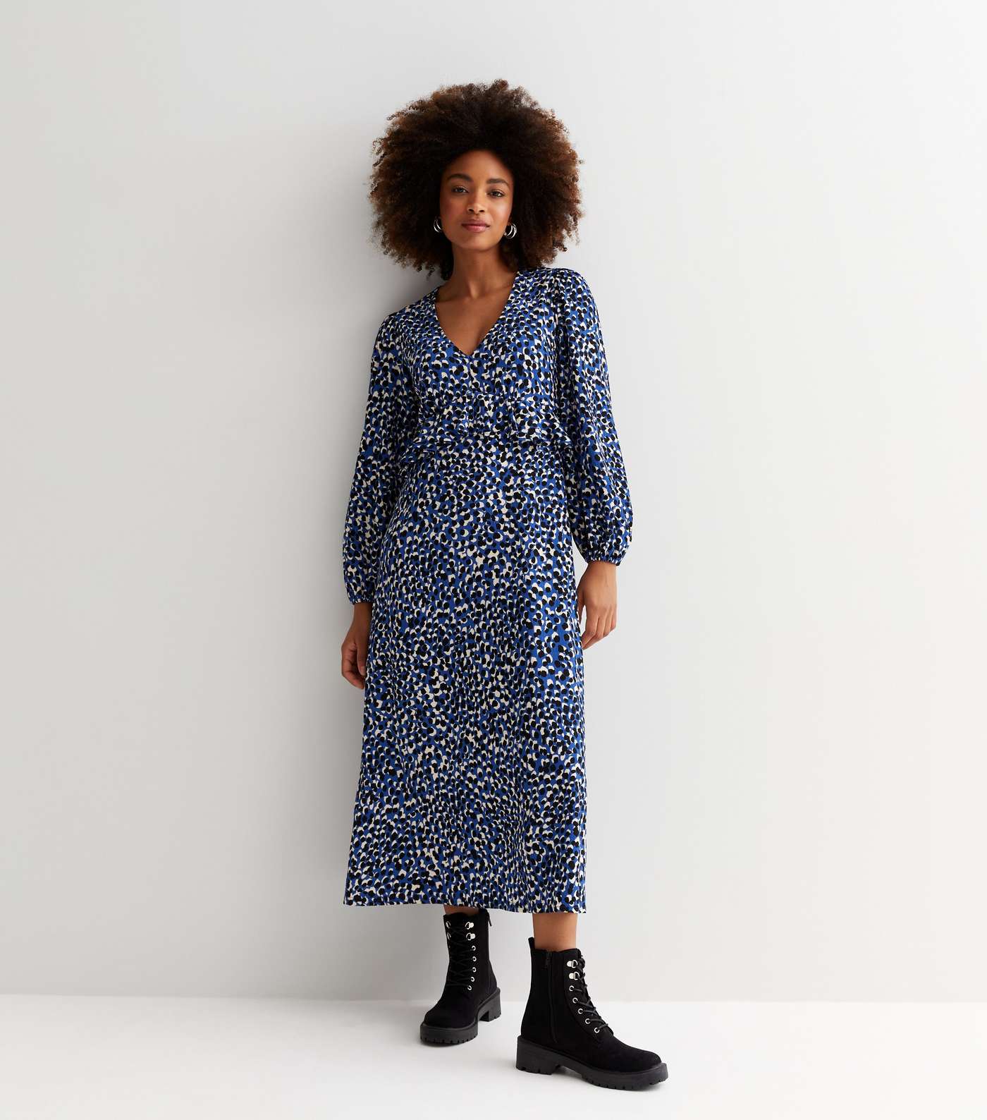 Blue Abstract Print V Neck Long Sleeve Midi Dress Image 2